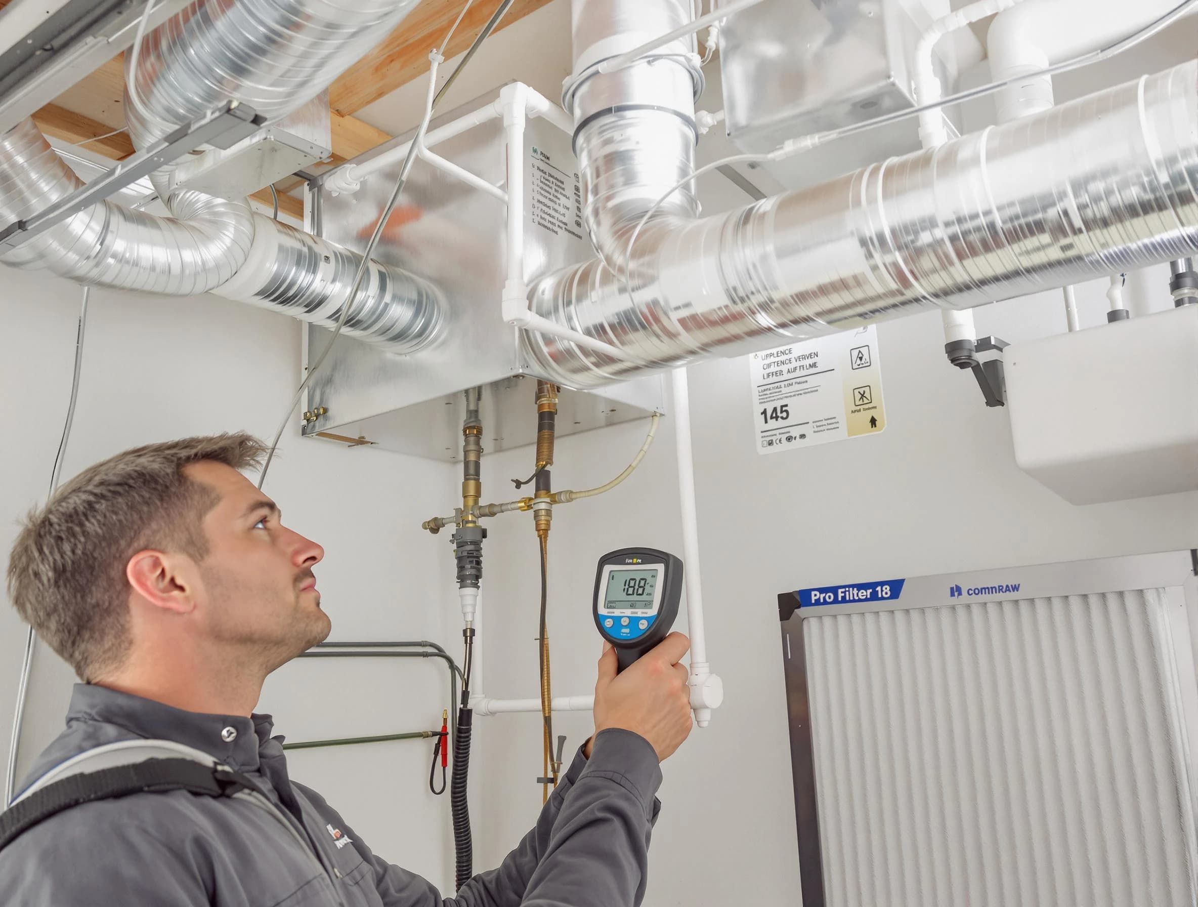 Fullerton Air Duct Cleaning expert conducting detailed filter system inspection using diagnostic tools in Fullerton