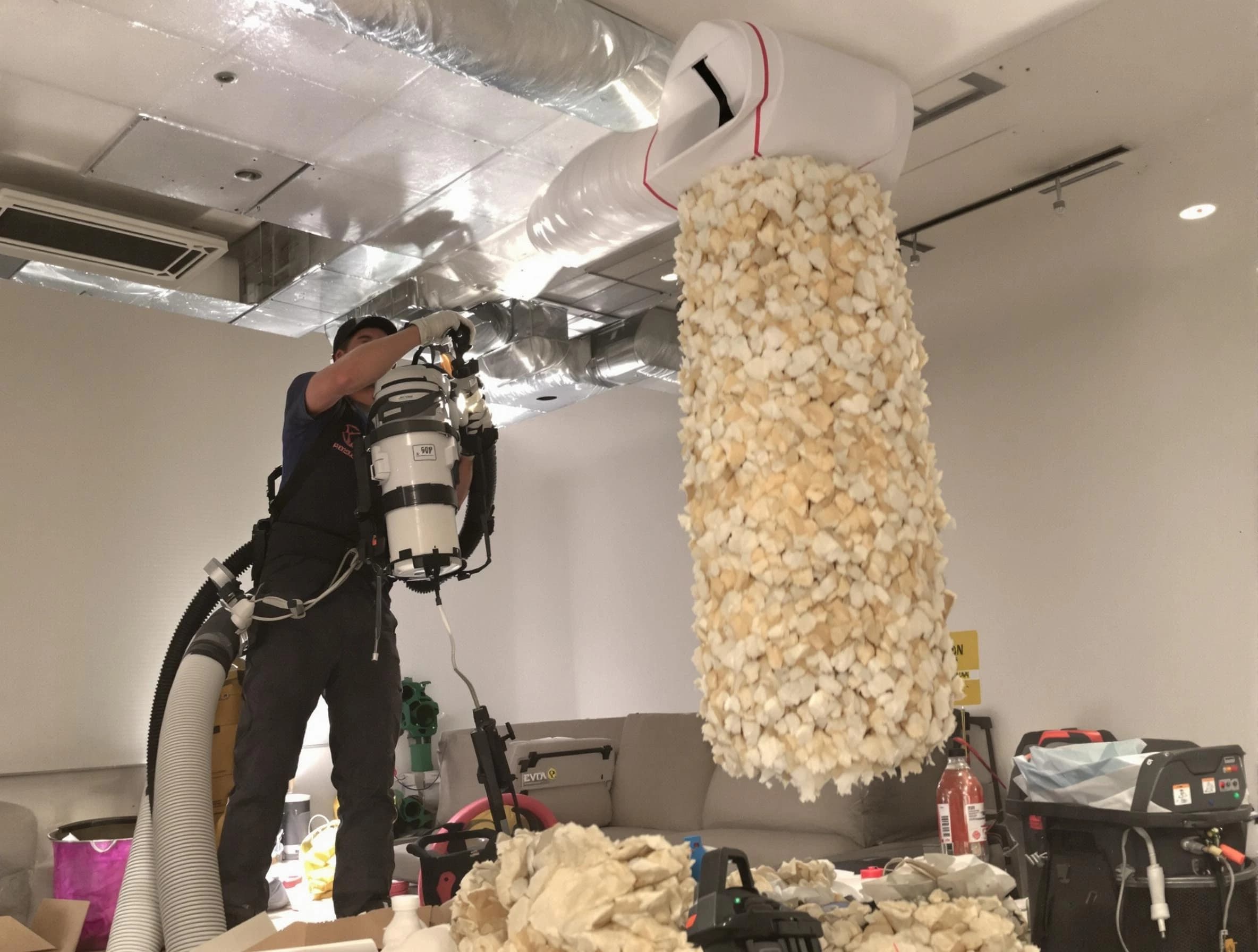 Fullerton Air Duct Cleaning technician performing precision vacuum insulation removal in a residential property in Fullerton